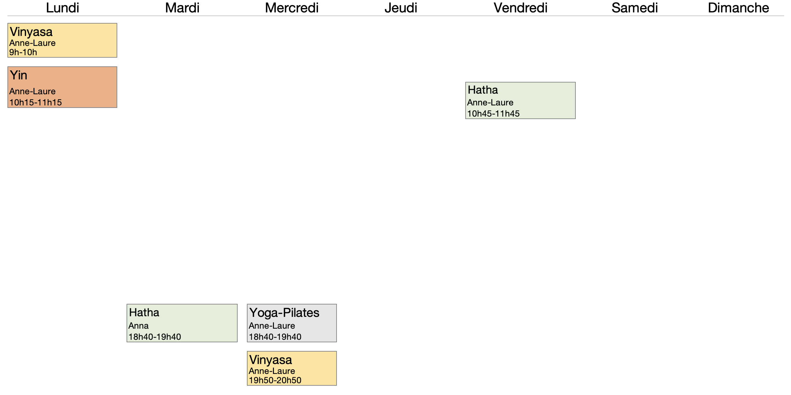 planning des cours de Yoga et Pilates
