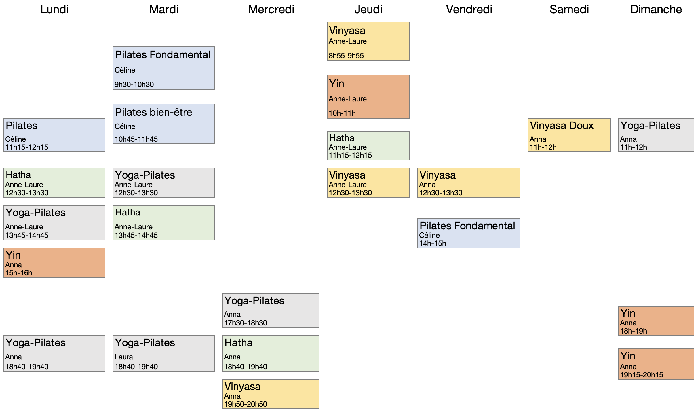 planning des cours de Yoga et Pilates