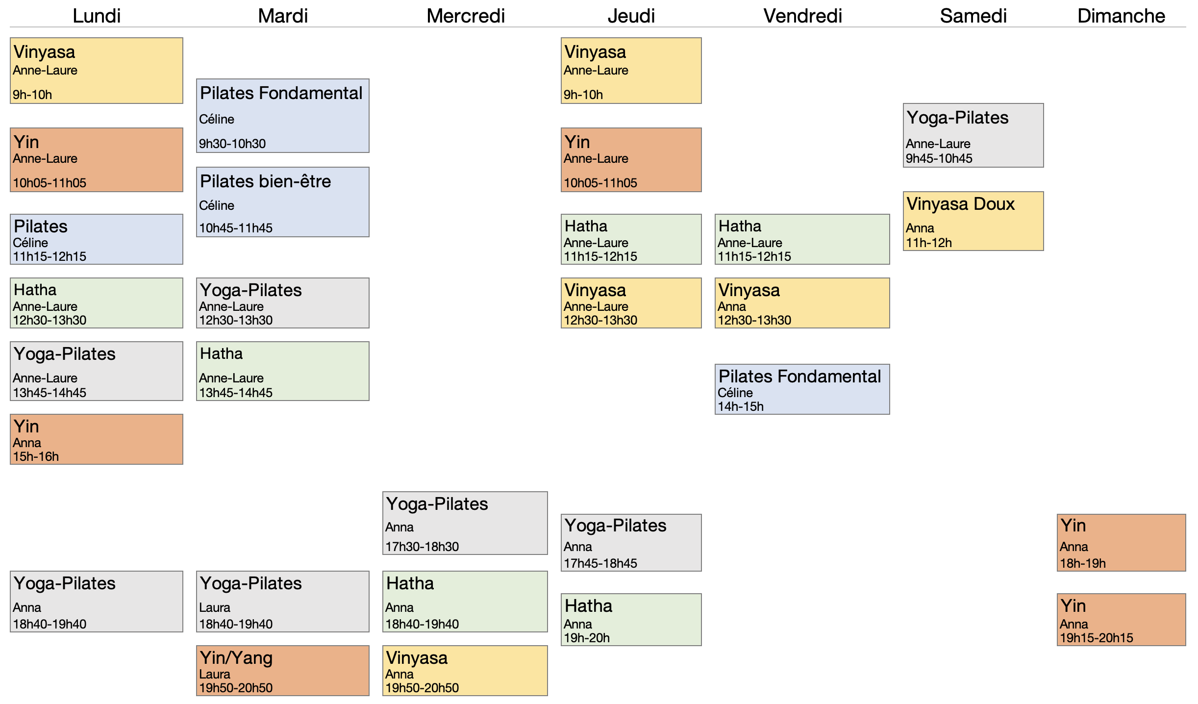 planning des cours de Yoga et Pilates